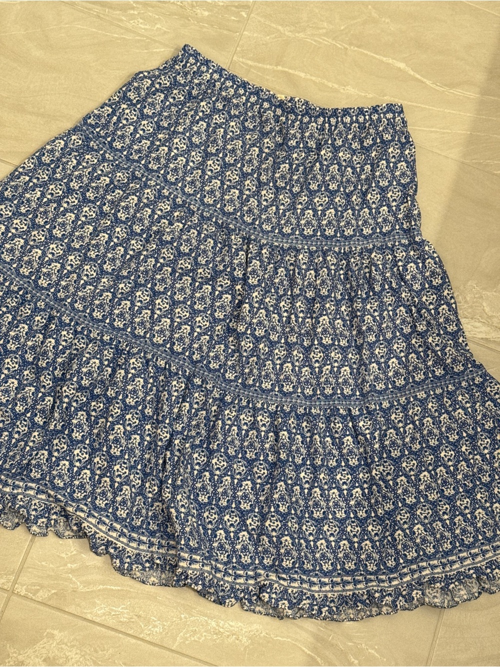Max Studio Blue and White Printed Tiered Skirt Boho Cottagecore